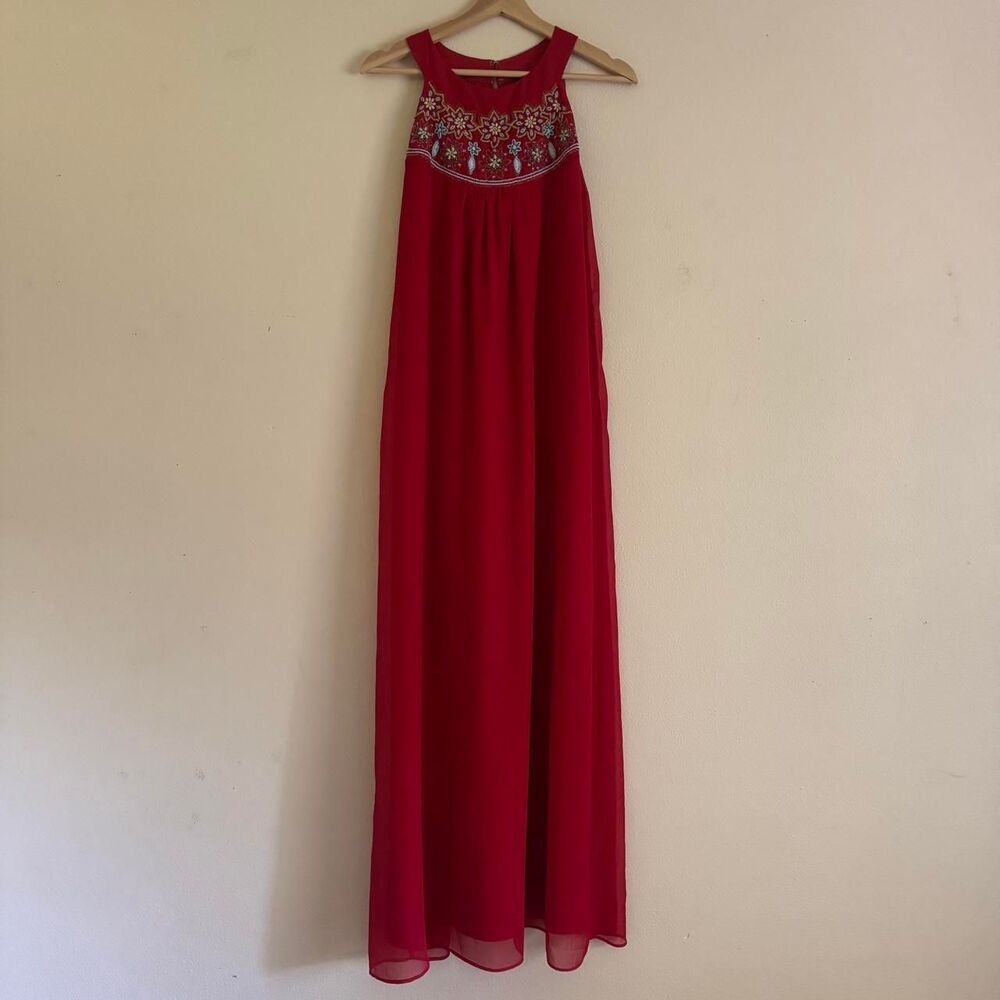 Sabine Red Chiffon Boho Colorful Floral Beaded Maxi Formal Dress Size Small
